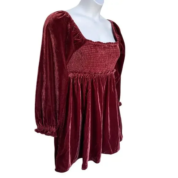 Free People Burgundy Velvet Babydoll Mini Dress w Smocked Bodice Lace Tie Back M - Picture 3 of 11